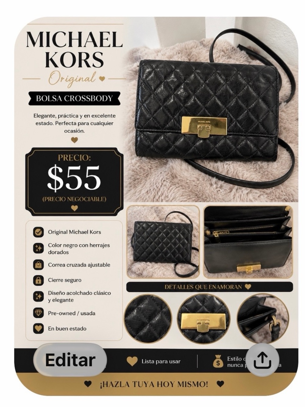 Michael Kors Black Quilted Crossbody with Gold Lock